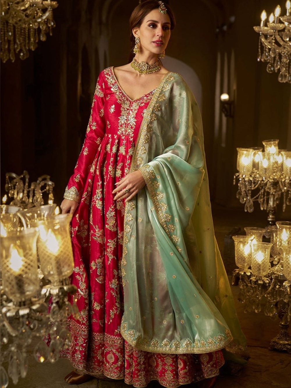 Lashkaraa Hot Pink Embroidered Anarkali sequined beaded dress - Picture 3 of 6